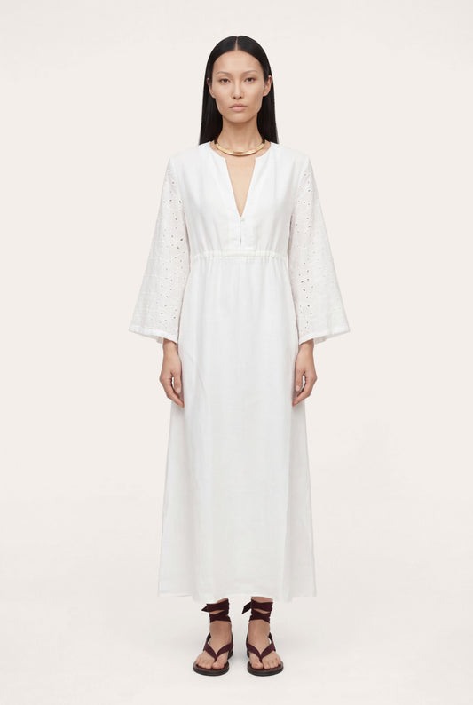 Women's Eyelet Sleeve Gathered Maxi Dress – White, view 1