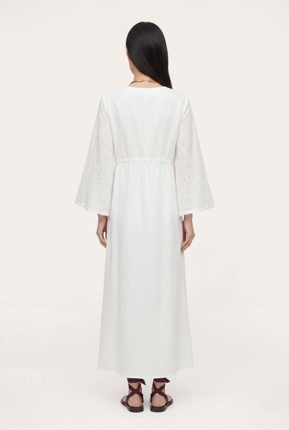 Women's Eyelet Sleeve Gathered Maxi Dress – White, view 2