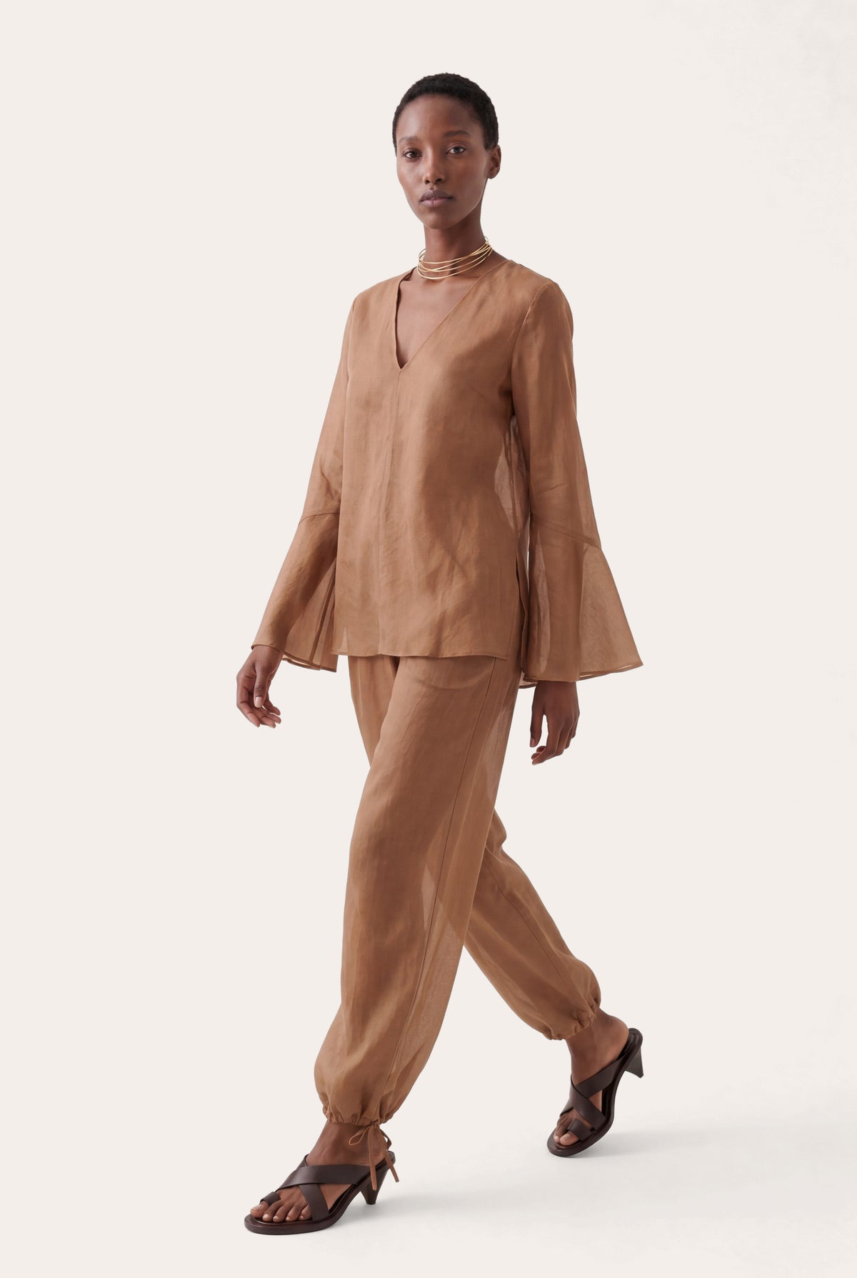 Women's Linen Cotton V-Neck Flared Blouse – Terra, view 4