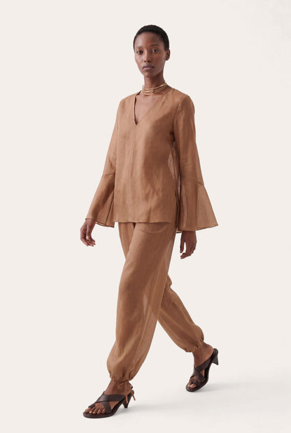Women's Linen Cotton V-Neck Flared Blouse – Terra, view 4