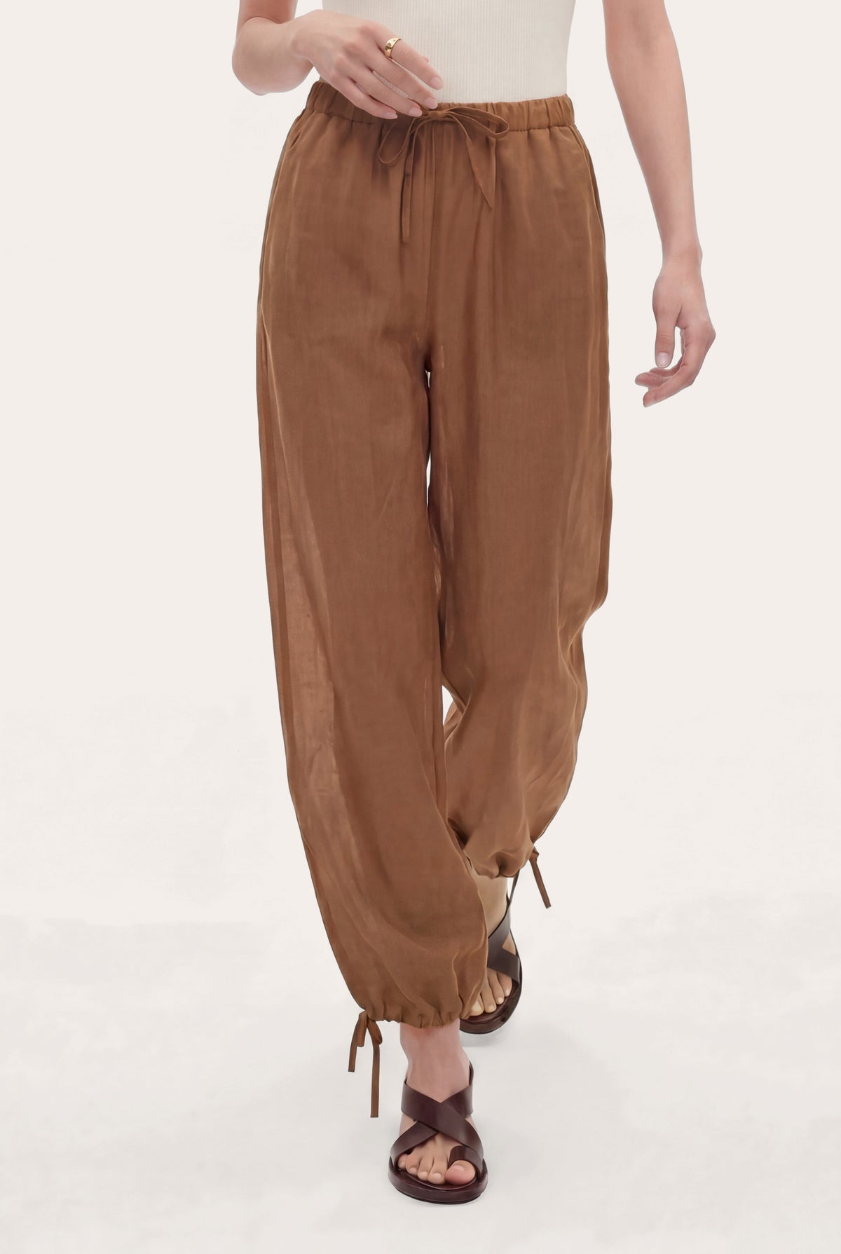 Women's Linen-Cotton Drawstring Ankle-Tie Pants – Terra, view 1