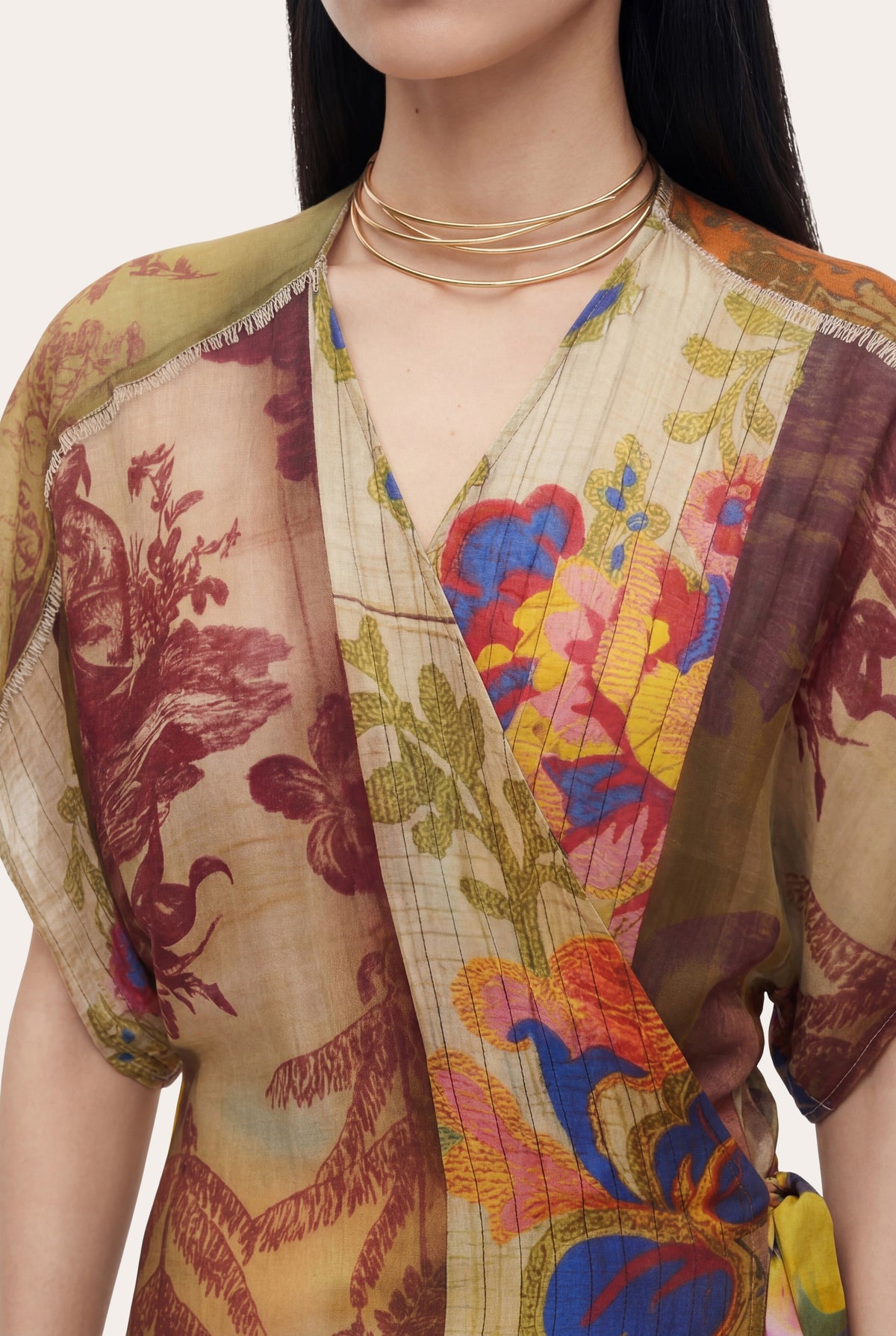 Women's Artistic Patchwork Print Linen Wrap Dress – Print Multi, view 2