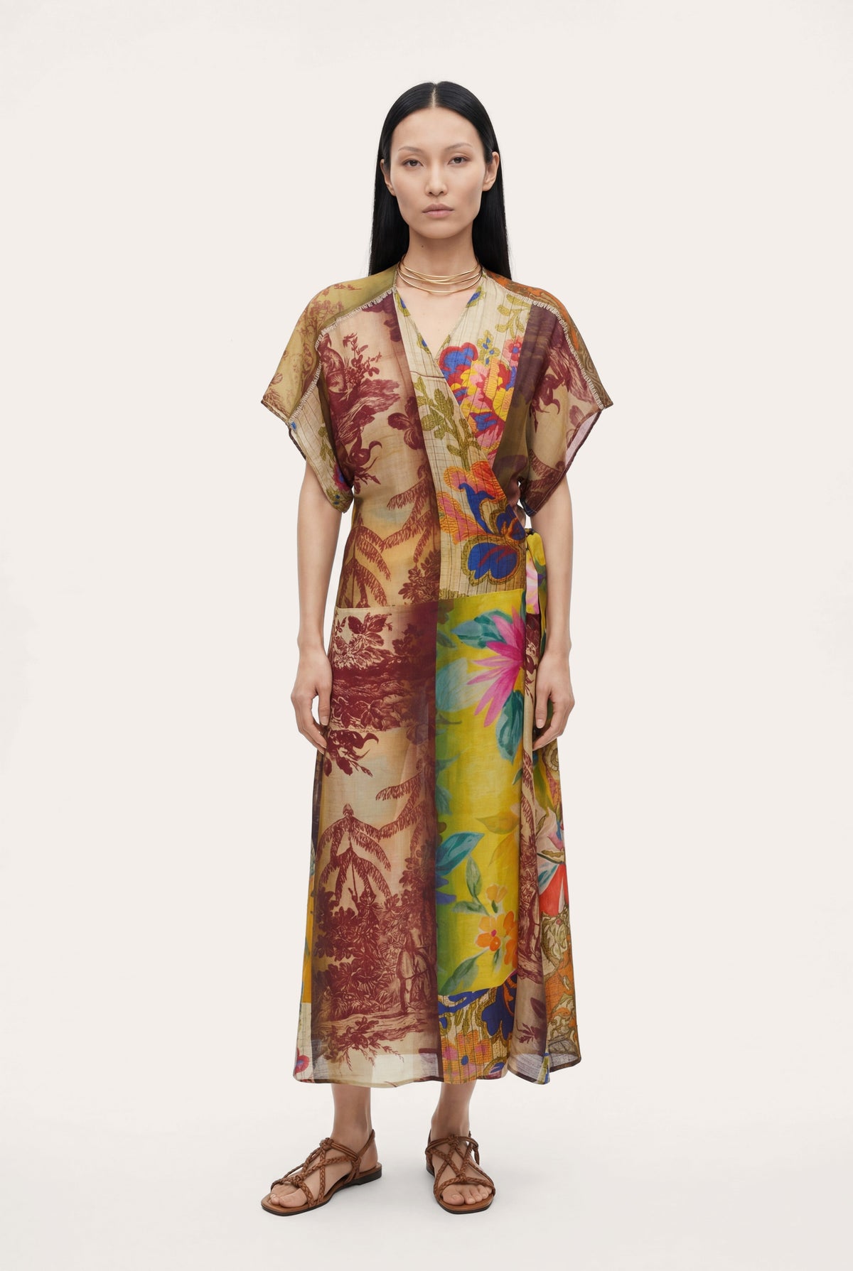 Women's Artistic Patchwork Print Linen Wrap Dress – Print Multi, view 1