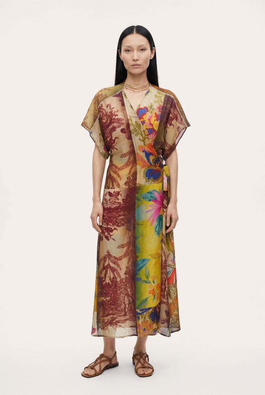 Women's Artistic Patchwork Print Linen Wrap Dress – Print Multi, view 1