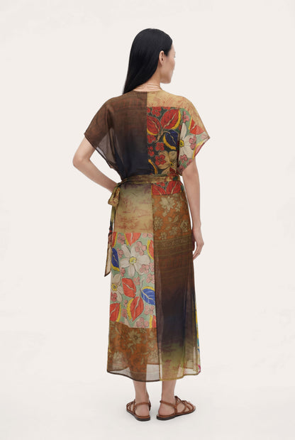 Women's Artistic Patchwork Print Linen Wrap Dress – Print Multi, view 3