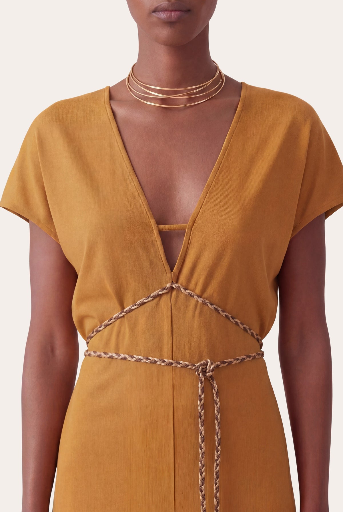 Women's Braided-Waist Linen Dress – Cognac, view 2