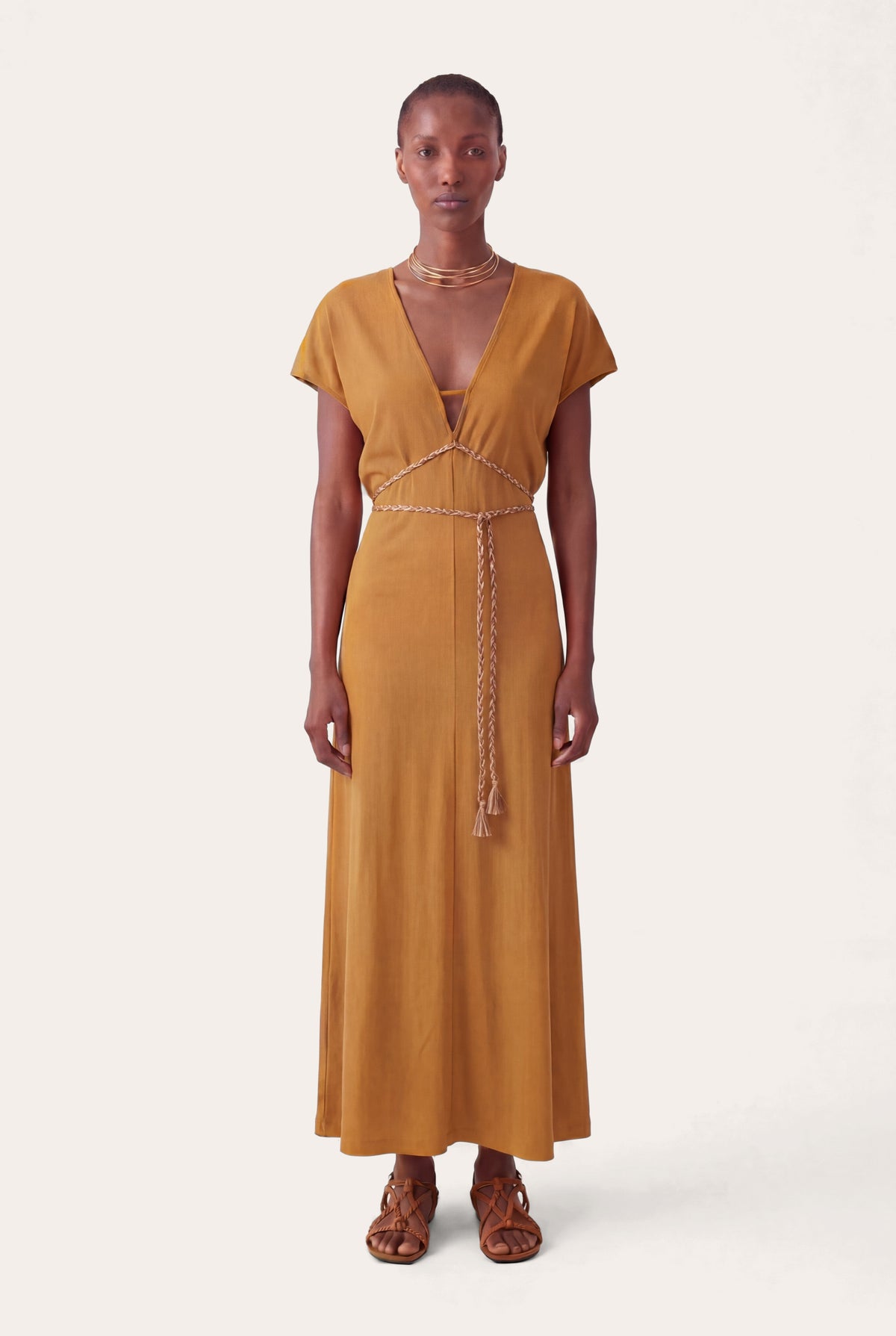 Women's Braided-Waist Linen Dress – Cognac, view 1