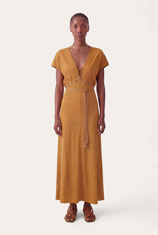Women's Braided-Waist Linen Dress – Cognac, view 1