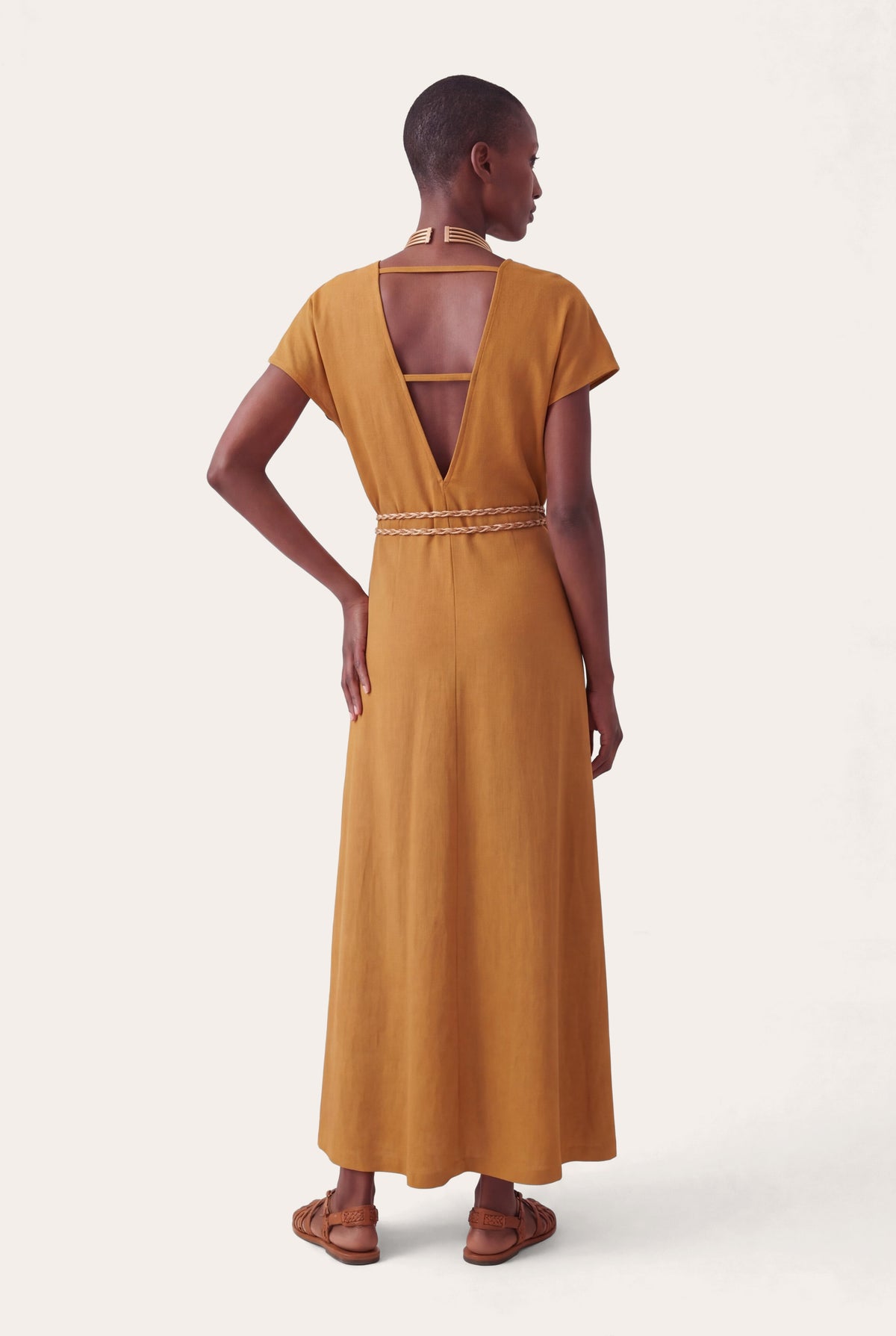 Women's Braided-Waist Linen Dress – Cognac, view 3