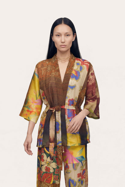 Women's Linen Gauze Crinkle Kimono Jacket – Print Multi, view 1
