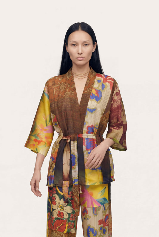 Women's Linen Gauze Crinkle Kimono Jacket – Print Multi, view 1
