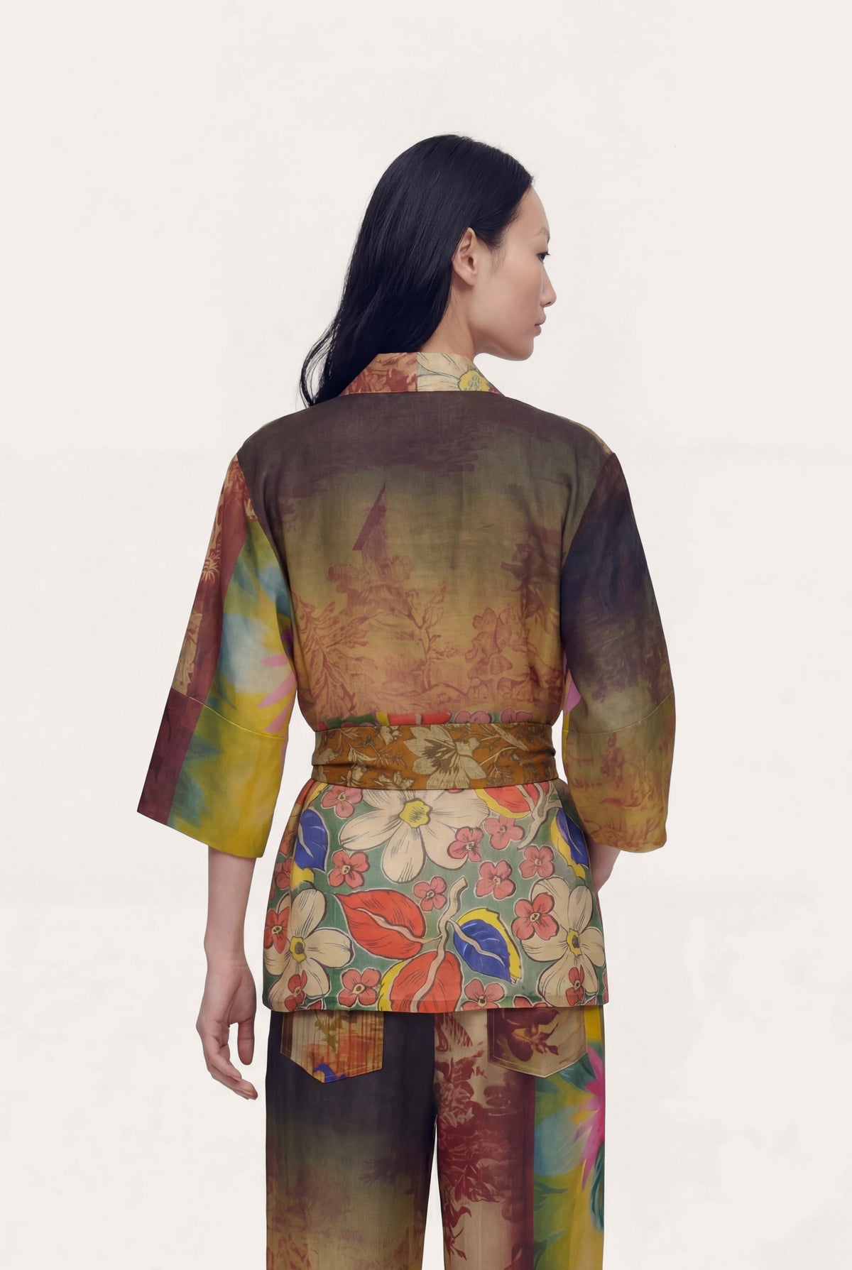Women's Linen Gauze Crinkle Kimono Jacket – Print Multi, view 2