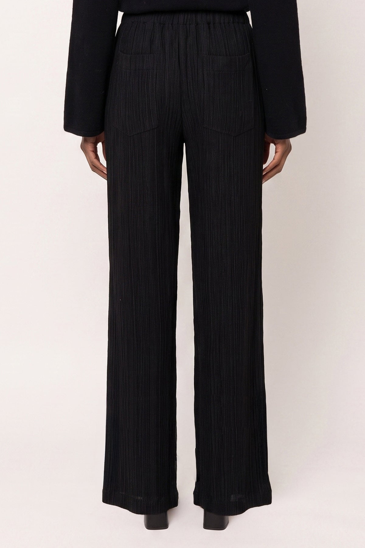 Women's Plissé Wool-Viscose Fluid Pants – Black, view 2