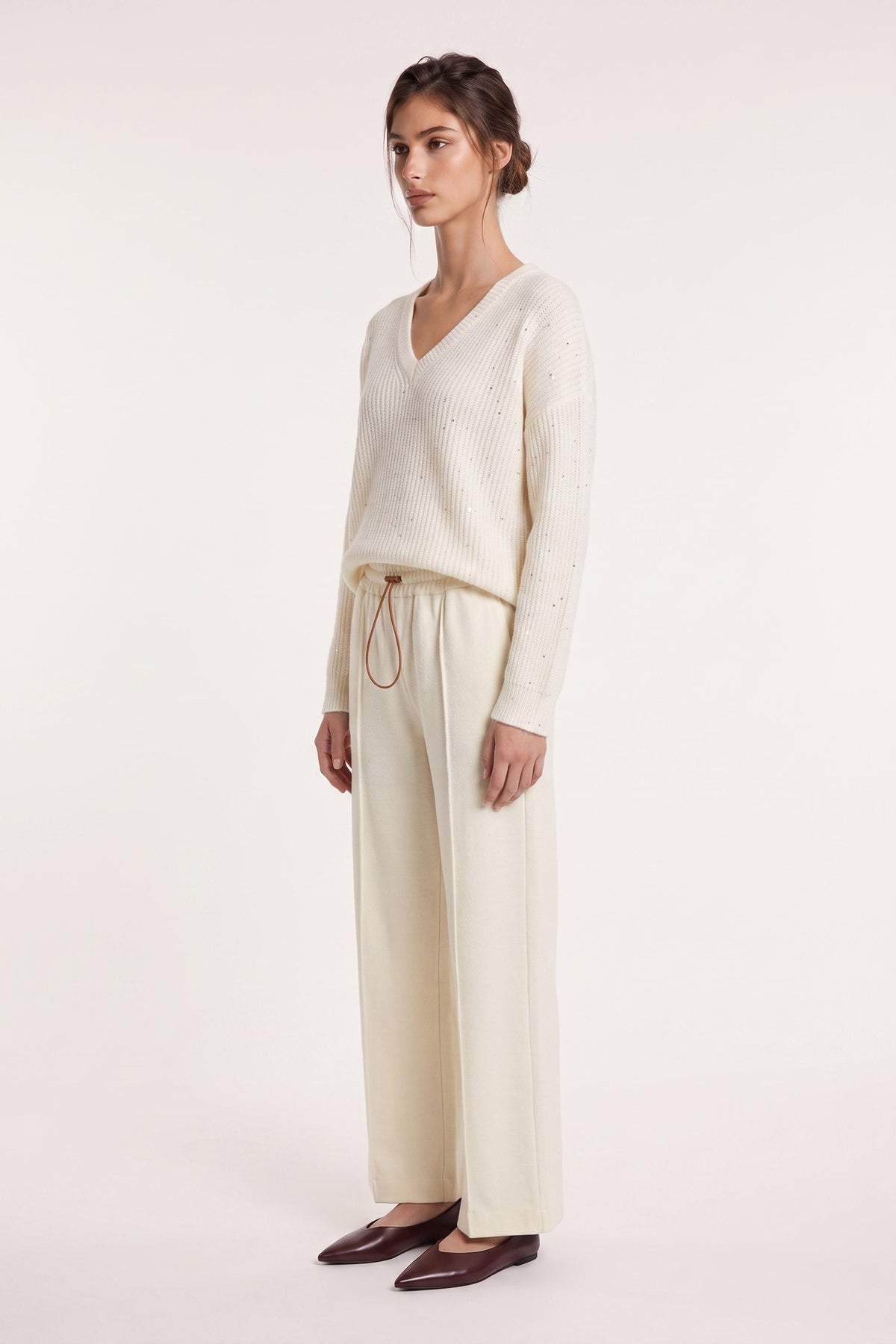 Women's Wool Fleece Drawstring Trousers – White, view 3