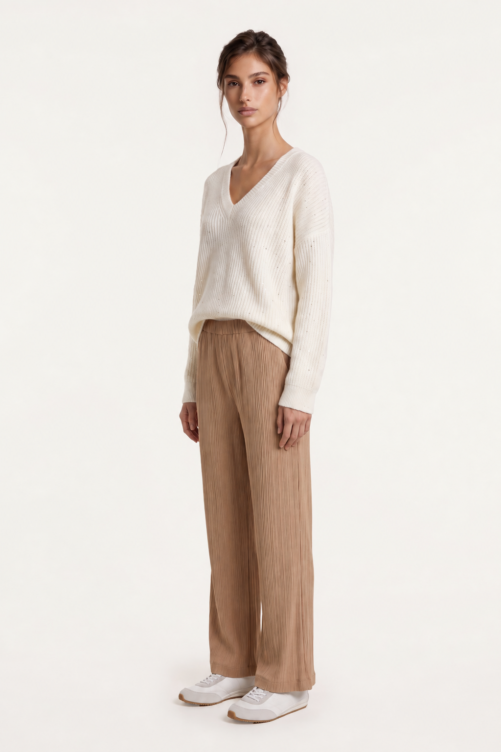 Women's Micro-Paillettes Alpaca Wool V-Neck Sweater – White, view 3