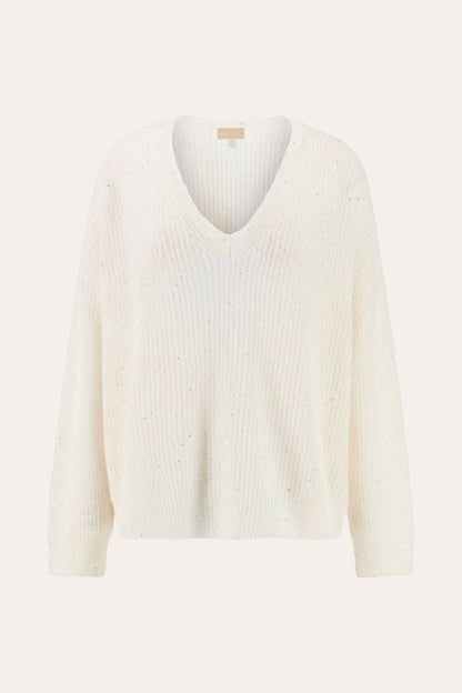 Women's Micro-Paillettes Alpaca Wool V-Neck Sweater – White, view 4
