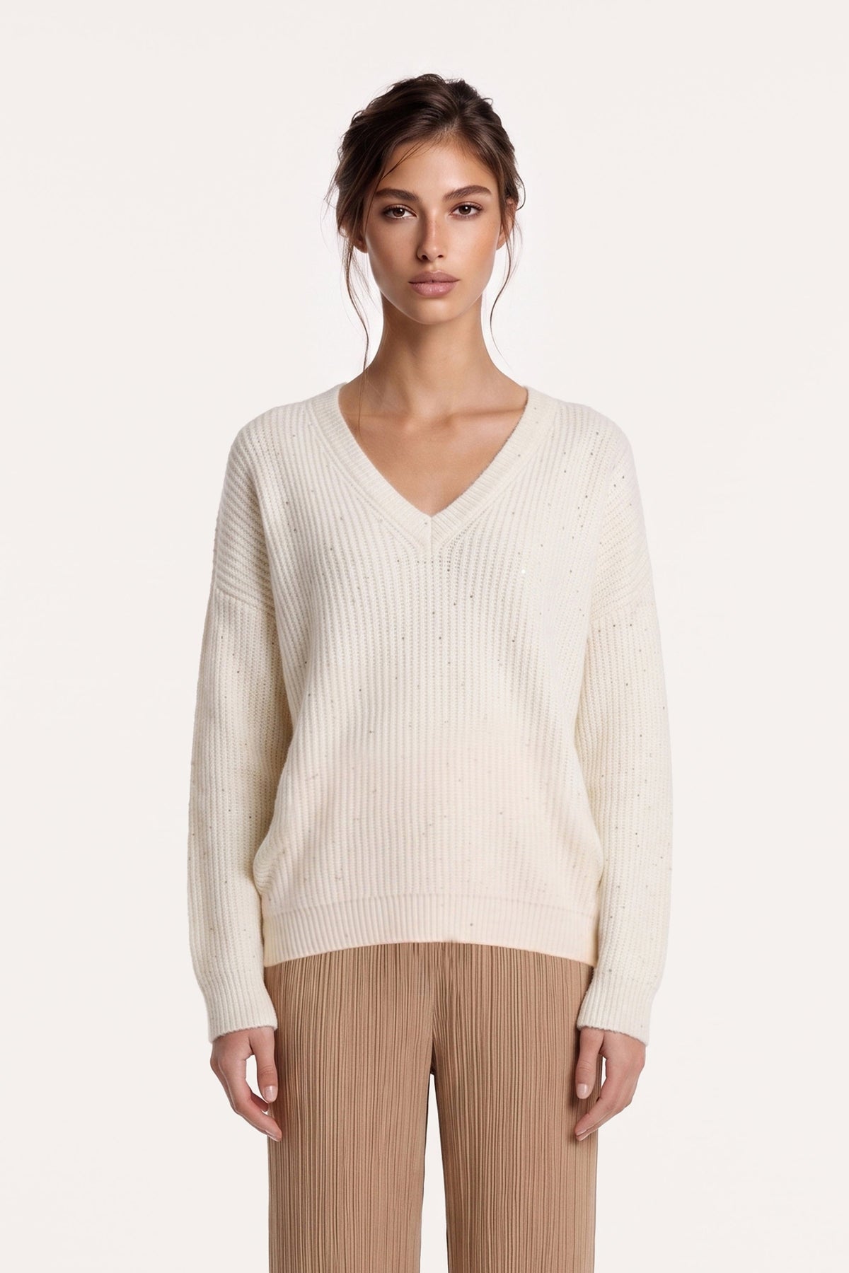 Women's Micro-Paillettes Alpaca Wool V-Neck Sweater – White, view 1