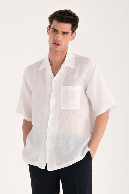 Men's Relaxed Fit Camp Collar Linen Shirt – White, view 1