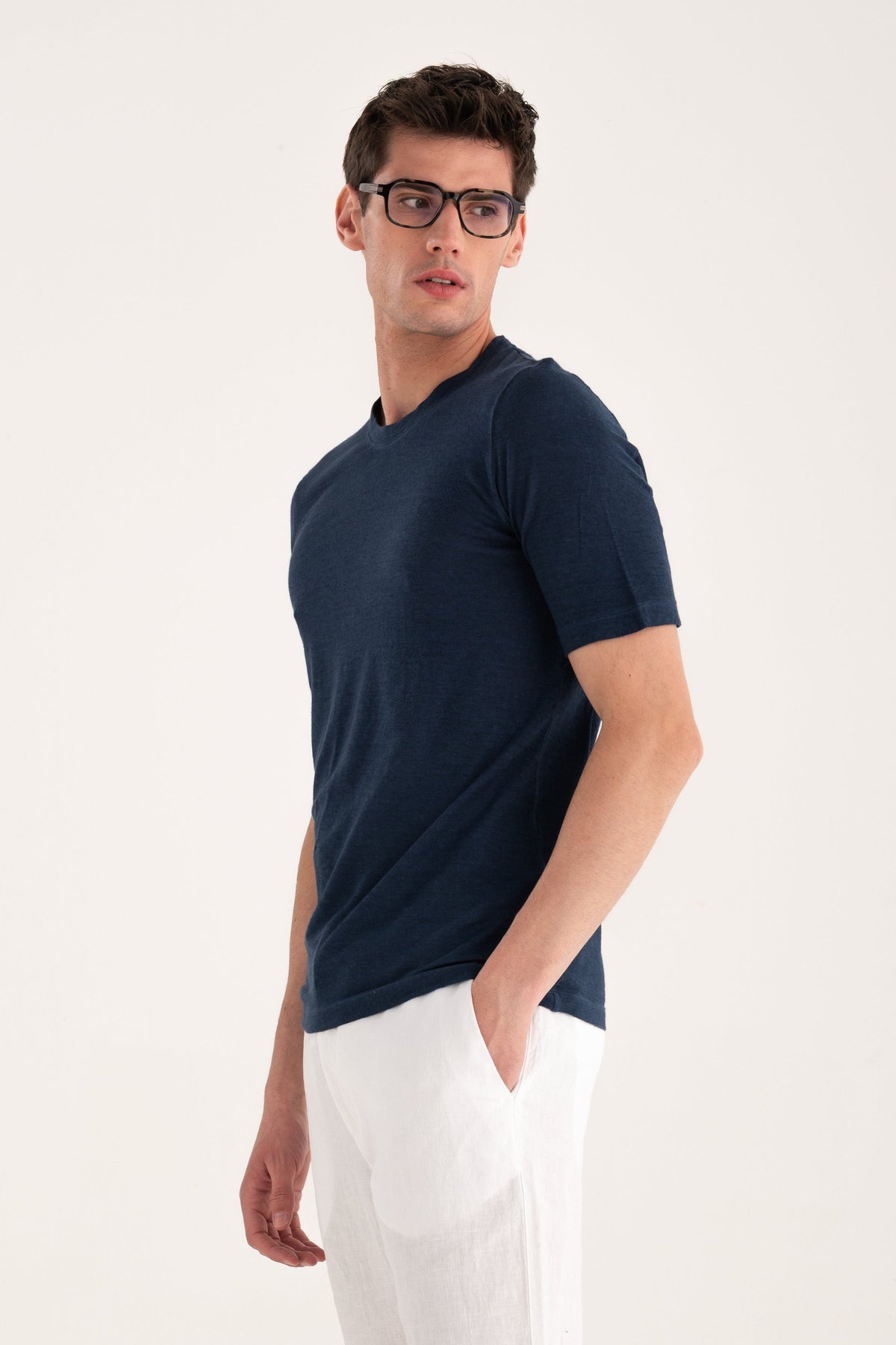 Men's Linen Slim Fit Crewneck T-Shirt – Navy Fade, view 5
