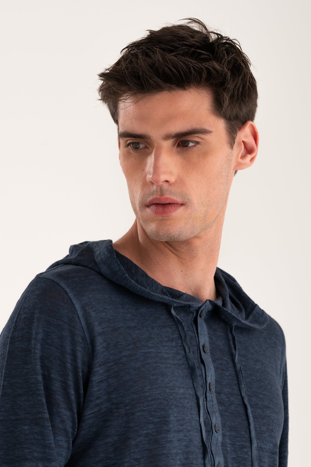 Men's Linen Hooded T-Shirt – Navy Fade, view 3