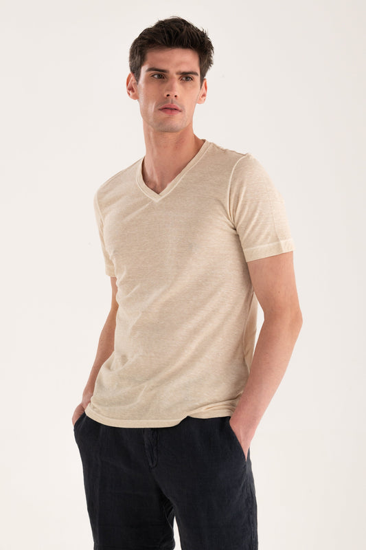 Men's Linen Slim Fit V-Neck T-Shirt – Safari Soft Fade, view 1