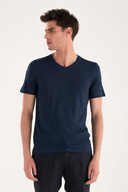 Men's Linen Slim Fit V-Neck T-Shirt – Navy Fade, view 1