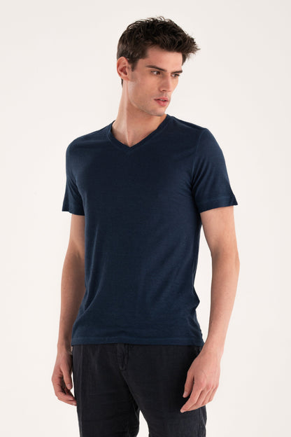 Men's Linen Slim Fit V-Neck T-Shirt – Navy Fade, view 4