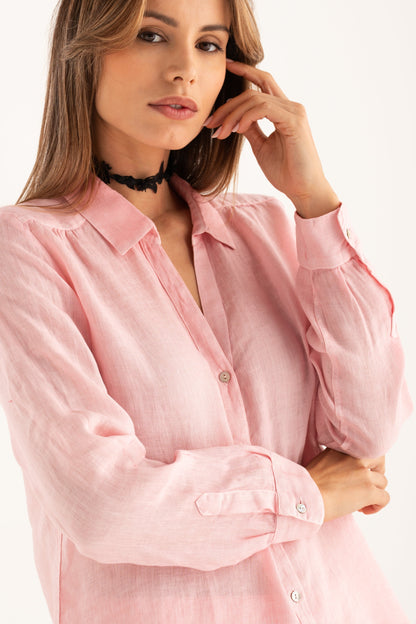 Women's Linen Regular-Fit Shirt with V-Neck – Ballerina, view 3