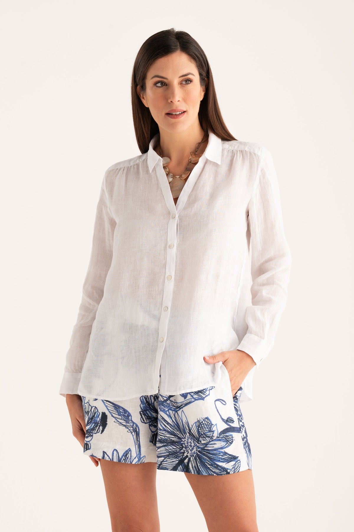 Women's Relaxed-Fit V-Neck Linen Shirt – White, view 1