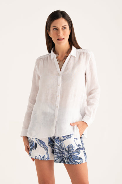 Women's Relaxed-Fit V-Neck Linen Shirt – White, view 1