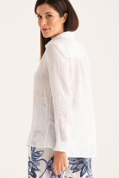 Women's Relaxed-Fit V-Neck Linen Shirt – White, view 3