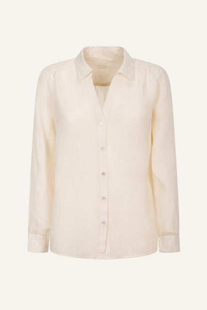 Women's Relaxed-Fit V-Neck Linen Shirt – Butter, view 4
