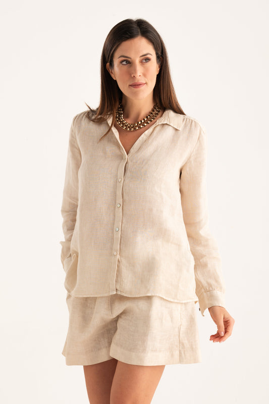 Women's Linen Regular-Fit Shirt with V-Neck – Safari Soft Fade, view 1