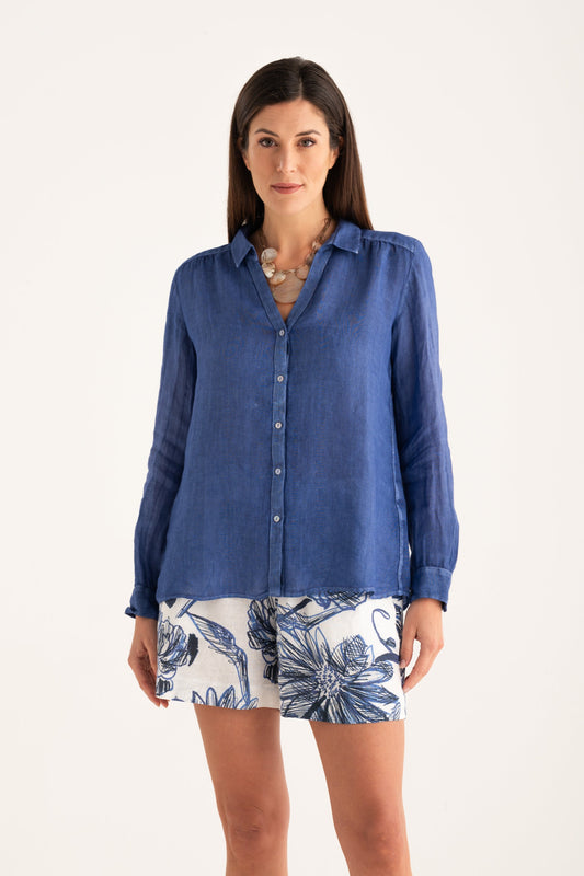 Women's Linen Regular-Fit Shirt with V-Neck – Ink Soft Fade, view 1