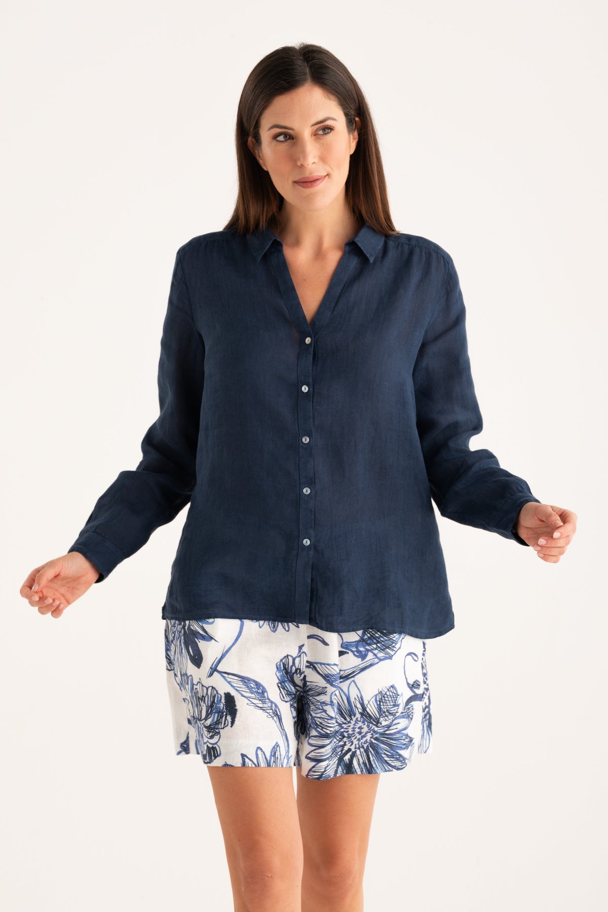 Women's Linen Regular-Fit Shirt with V-Neck – Navy Fade, view 1