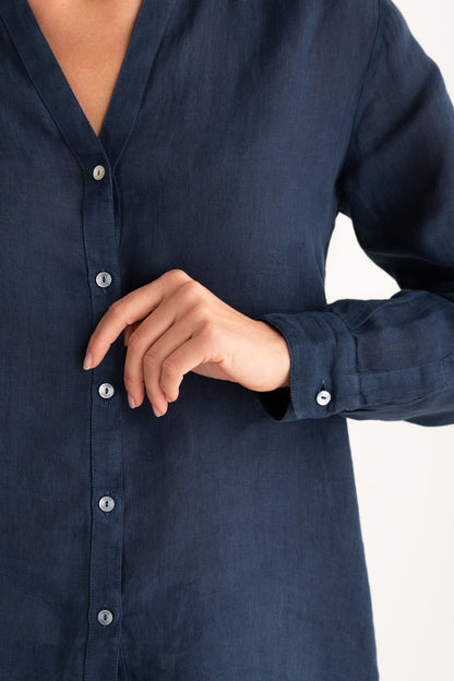 Women's Linen Regular-Fit Shirt with V-Neck – Navy Fade, view 3