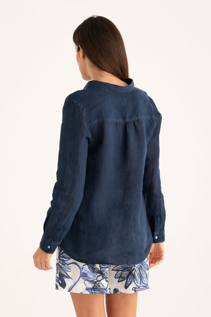 Women's Linen Regular-Fit Shirt with V-Neck – Navy Fade, view 2