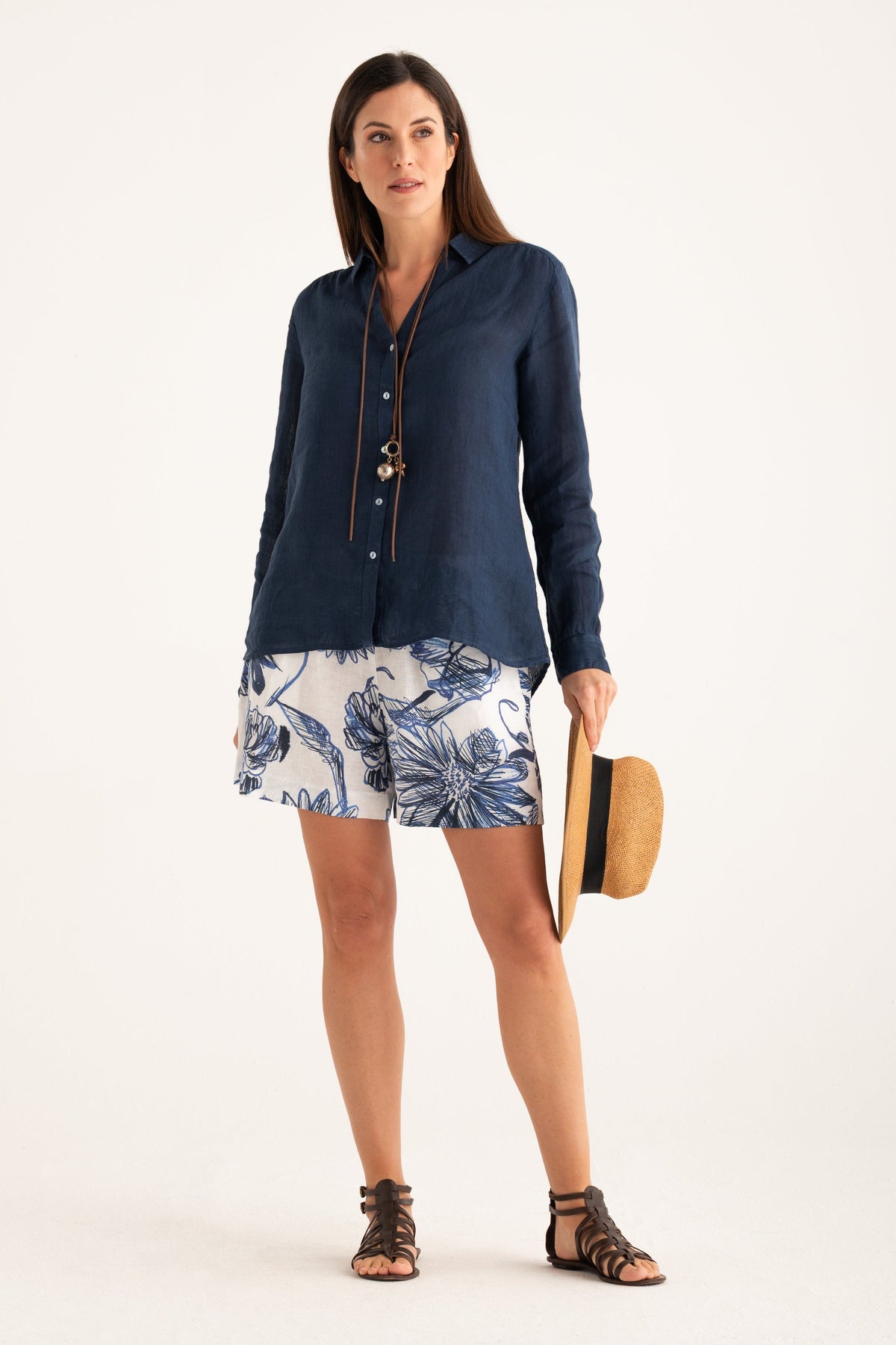 Women's Linen Regular-Fit Shirt with V-Neck – Navy Fade, view 5