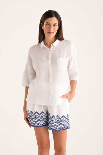 Women's Linen Relaxed-Fit Shirt with Pocket – White, view 1