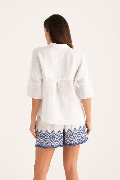 Women's Linen Relaxed-Fit Shirt with Pocket – White, view 2