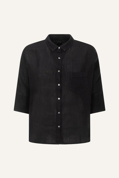 Women's Linen Relaxed-Fit Shirt with Pocket – Black, view 6