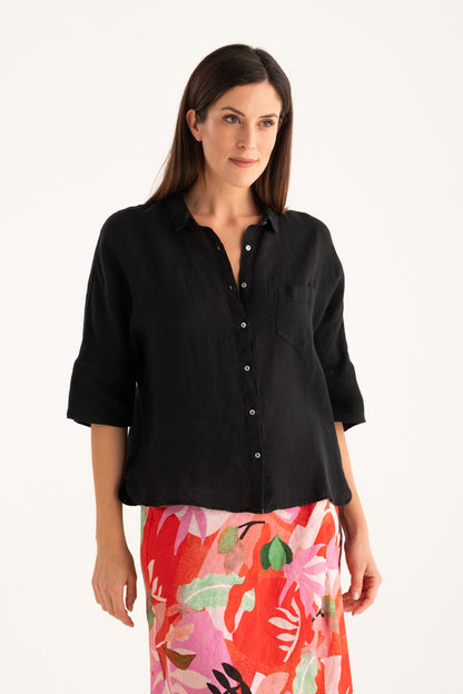 Women's Linen Relaxed-Fit Shirt with Pocket – Black, view 1