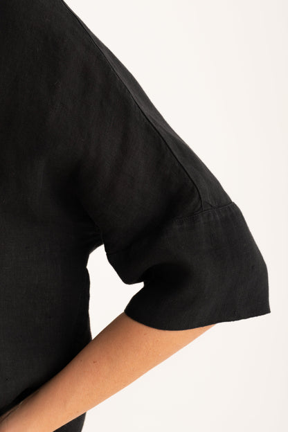 Women's Linen Relaxed-Fit Shirt with Pocket – Black, view 3