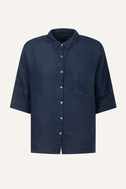 Women's Linen Relaxed-Fit Shirt with Chest Pocket – Navy Fade, view 7