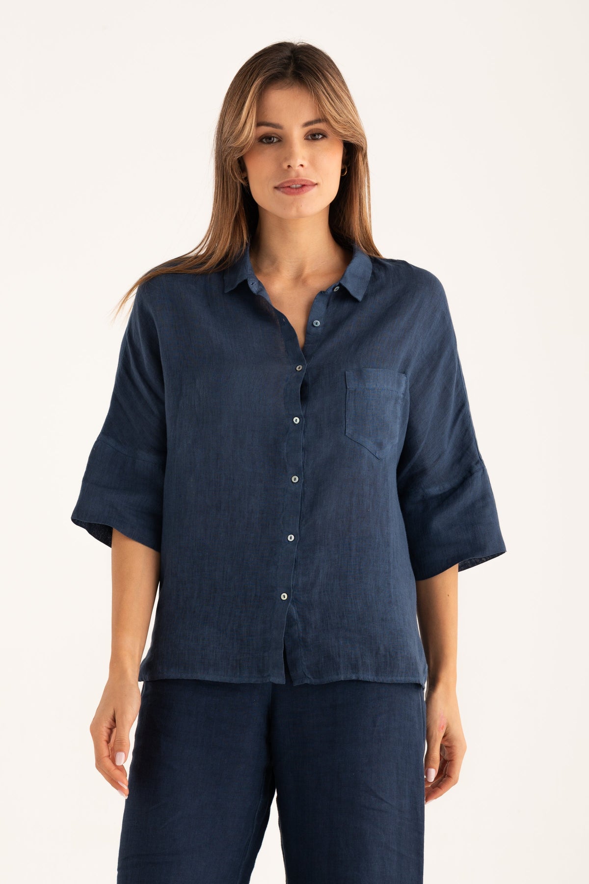Women's Linen Relaxed-Fit Shirt with Chest Pocket – Navy Fade, view 1