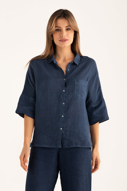 Women's Linen Relaxed-Fit Shirt with Chest Pocket – Navy Fade, view 1