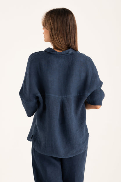 Women's Linen Relaxed-Fit Shirt with Chest Pocket – Navy Fade, view 2