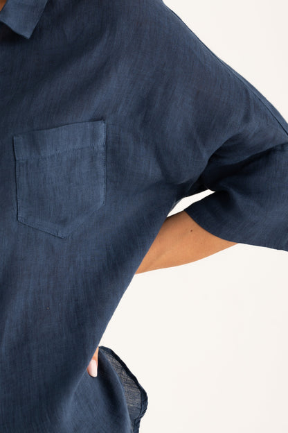 Women's Linen Relaxed-Fit Shirt with Chest Pocket – Navy Fade, view 4