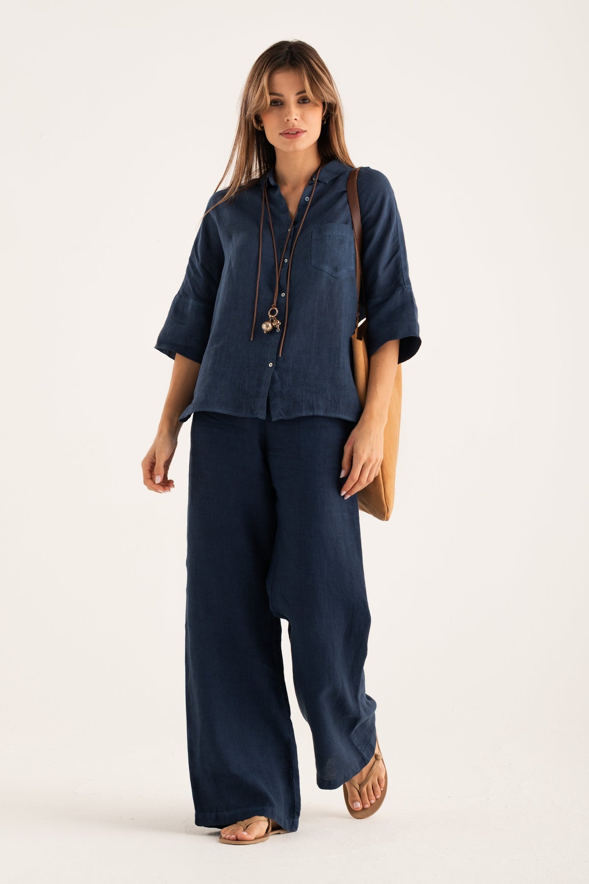 Women's Linen Relaxed-Fit Shirt with Chest Pocket – Navy Fade, view 5