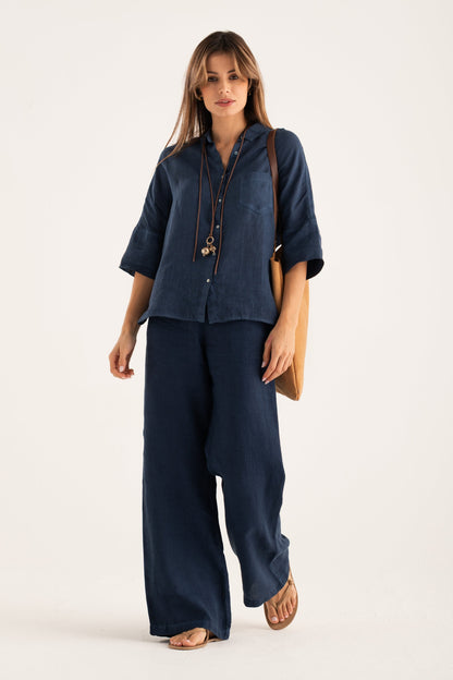 Women's Linen Relaxed-Fit Shirt with Chest Pocket – Navy Fade, view 5